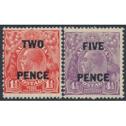 AUSTRALIA - 1930 2d on 1½d red & 5d on 4½d violet overprints set of 2, MNH – ACSC # 101A+125A AUSTRALIA - 1930 2d on 1½d red & 5d on 4½d violet overprints set of 2, MNH – ACSC # 101A+125A