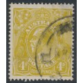 AUSTRALIA - 1924 4d olive KGV, 'flaw on 'Roo's nose' [4R48], used – ACSC # 114A(4)l