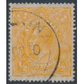 AUSTRALIA - 1927 ½d orange KGV, SM wmk, p.14¼:14, translucent paper, used – ACSC # 67Aaa AUSTRALIA - 1927 ½d orange KGV, SM wmk, p.14¼:14, translucent paper, used – ACSC # 67Aaa
