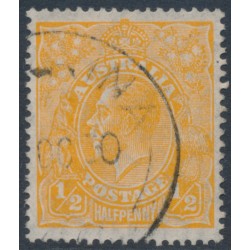 AUSTRALIA - 1927 ½d orange KGV, SM wmk, p.14¼:14, translucent paper, used – ACSC # 67Aaa AUSTRALIA - 1927 ½d orange KGV, SM wmk, p.14¼:14, translucent paper, used – ACSC # 67Aaa