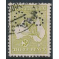 AUSTRALIA - 1913 3d olive Kangaroo, die I, 1st watermark, perf. small OS, used – ACSC # 12Abc AUSTRALIA - 1913 3d olive Kangaroo, die I, 1st watermark, perf. small OS, used – ACSC # 12Abc