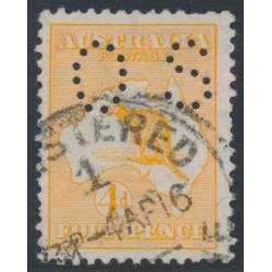 AUSTRALIA - 1913 4d orange Kangaroo, 1st watermark, perf. small OS, used – ACSC # 15Abb AUSTRALIA - 1913 4d orange Kangaroo, 1st watermark, perf. small OS, used – ACSC # 15Abb