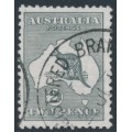 AUSTRALIA - 1913 2d grey Kangaroo, 1st watermark, 'dent in left frame' [1R38], used – ACSC # 5A(1)n