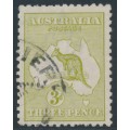 AUSTRALIA - 1915 3d olive Kangaroo, 3rd watermark, 'break in Bight' [2R38], used – ACSC # 13I(2)ha