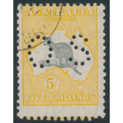AUSTRALIA - 1929 5/- grey/yellow Kangaroo, SM wmk, perf. OS, misplaced perfs., CTO – ACSC # 45Awb