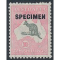 AUSTRALIA - 1932 10/- grey/pink Kangaroo, o/p SPECIMEN, MH – ACSC # 50Axf