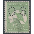AUSTRALIA - 1913 ½d green Kangaroo, perf. small OS, used – ACSC # 1Abe AUSTRALIA - 1913 ½d green Kangaroo, perf. small OS, used – ACSC # 1Abe
