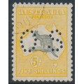 AUSTRALIA - 1929 5/- grey/yellow-orange Kangaroo, SM watermark, perf. OS, CTO – ACSC # 45Awb AUSTRALIA - 1929 5/- grey/yellow-orange Kangaroo, SM watermark, perf. OS, CTO – ACSC # 45Awb