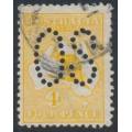 AUSTRALIA - 1913 4d orange-yellow Kangaroo, perf. large OS, used – ACSC # 15Eba AUSTRALIA - 1913 4d orange-yellow Kangaroo, perf. large OS, used – ACSC # 15Eba