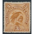 NEW ZEALAND - 1898 3d yellow-brown Huias, perf. 15:15, no watermark, MH – SG # 251 NEW ZEALAND - 1898 3d yellow-brown Huias, perf. 15:15, no watermark, MH – SG # 251