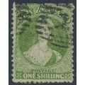 NEW ZEALAND - 1864 1/- yellow-green QV Chalon, perf. 12½, star watermark, used – SG # 125 NEW ZEALAND - 1864 1/- yellow-green QV Chalon, perf. 12½, star watermark, used – SG # 125
