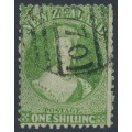 NEW ZEALAND - 1864 1/- yellow-green QV Chalon, perf. 12½, star watermark, used – SG # 125 NEW ZEALAND - 1864 1/- yellow-green QV Chalon, perf. 12½, star watermark, used – SG # 125