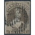 NEW ZEALAND - 1862 6d black-brown QV Chalon, star watermark, imperforate, used – SG # 41 NEW ZEALAND - 1862 6d black-brown QV Chalon, star watermark, imperforate, used – SG # 41