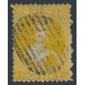 NEW ZEALAND - 1866 4d yellow QV Chalon, perf. 12½, star watermark, used – SG # 120 NEW ZEALAND - 1866 4d yellow QV Chalon, perf. 12½, star watermark, used – SG # 120