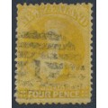 NEW ZEALAND - 1866 4d yellow QV Chalon, perf. 12½, star watermark, used – SG # 120 NEW ZEALAND - 1866 4d yellow QV Chalon, perf. 12½, star watermark, used – SG # 120