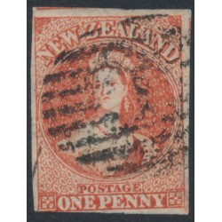 NEW ZEALAND - 1864 1d vermilion QV Chalon, imperforate, NZ watermark, used – SG # 97