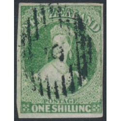 NEW ZEALAND - 1864 1/- green QV Chalon, NZ watermark, imperforate, used – SG # 100