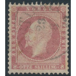 NORWAY - 1856 8Sk pale carmine King Oscar I, with an offset on the back, used – Facit # 5a