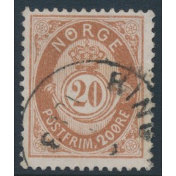 NORWAY - 1882 20øre brown Posthorn (unshaded, picture height = 21mm), 'spot in O', used – Facit # 43 NORWAY - 1882 20øre brown Posthorn (unshaded, picture height = 21mm), 'spot in O', used – Facit # 43