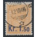 NORWAY - 1905 1.50Kr on 2Sk orange Lion, blue overprint, used – Facit # 88a NORWAY - 1905 1.50Kr on 2Sk orange Lion, blue overprint, used – Facit # 88a