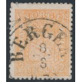 NORWAY - 1867 2Sk yellow-orange Coat of Arms, used – Facit # 12a NORWAY - 1867 2Sk yellow-orange Coat of Arms, used – Facit # 12a