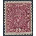 AUSTRIA - 1916 3Kr deep brownish carmine Coat of Arms, plain paper, MNH – Michel # 201I