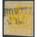 AUSTRIA - 1850 1Kr cadmium-yellow Coat of Arms, type III, used – Michel # 1Xd