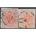 AUSTRIA - 1850 15c red Arms, both papers, Lombardy-Venice, used – Michel # 3X+3Y
