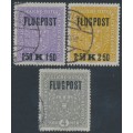 AUSTRIA - 1918 1.50K to 4Kr FLUGPOST o/p set of 3, used – Michel # 225-227 AUSTRIA - 1918 1.50K to 4Kr FLUGPOST o/p set of 3, used – Michel # 225-227