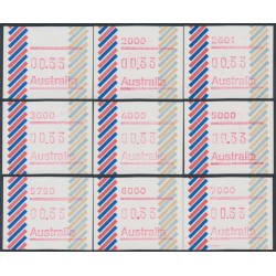 AUSTRALIA - 1985 33c Barred Edge Framas set of 9, MNH – ACSC # 1023Ab-1023Ib
