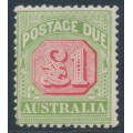 AUSTRALIA - 1909 £1 rose-red/green Postage Due, perf. 12:12½, crown A watermark, MH – SG # D73 AUSTRALIA - 1909 £1 rose-red/green Postage Due, perf. 12:12½, crown A watermark, MH – SG # D73