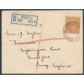 AUSTRALIA - 1938 5d yellow-brown KGV on a registered cover – ACSC # 127B