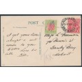AUSTRALIA - 1922 1d red KGV (G33) on a taxed postcard to Tasmania – ACSC # 71Z + D77A