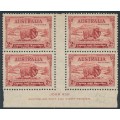 AUSTRALIA - 1934 2d carmine Macarthur, Ash imprint block of 4, MH – ACSC # 157z