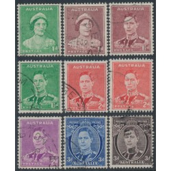 AUSTRALIA - 1938 1d to 3d KGVI definitives set of 8, perf. 15:14, used – SG # 180-187