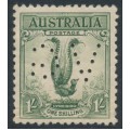AUSTRALIA - 1932 1/- green Lyrebird, reversed VG perfin, MNH – SG # 140