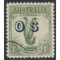 AUSTRALIA - 1932 1/- yellow-green Lyrebird overprinted OS, CTO – SG # O136