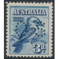 AUSTRALIA - 1928 3d blue Kookaburra, perforated OS, MNH – SG # O113