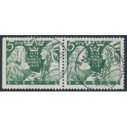 SWEDEN - 1938 5öre green New Sweden, Delaware, perf. 3-sides + 4-sides pair, used – Facit # 261BC SWEDEN - 1938 5öre green New Sweden, Delaware, perf. 3-sides + 4-sides pair, used – Facit # 261BC