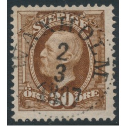 SWEDEN - 1891 30öre yellowish brown Oscar II, inverted crown watermark, used – Facit # 58avm¹ SWEDEN - 1891 30öre yellowish brown Oscar II, inverted crown watermark, used – Facit # 58avm¹