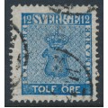 SWEDEN - 1858 12öre blue Coat of Arms, 'fotsteget' variety, used – Facit # 9c3v13
