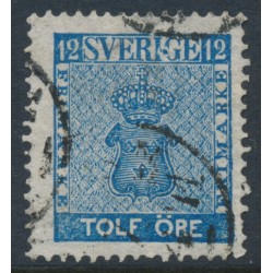 SWEDEN - 1858 12öre blue Coat of Arms, 'fotsteget' variety, used – Facit # 9c3v13