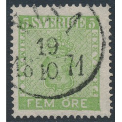 SWEDEN - 1858 5öre yellow-green Coat of Arms, used – Facit # 7c2