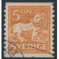SWEDEN - 1921 5öre brown Lion, type I, perf. 2-sides, KPV watermark, used – Facit # 141Abz SWEDEN - 1921 5öre brown Lion, type I, perf. 2-sides, KPV watermark, used – Facit # 141Abz