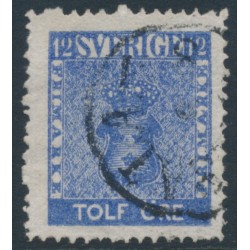 SWEDEN - 1858 12öre bright ultramarine Coat of Arms, used – Facit # 9h1