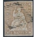 SWITZERLAND - 1857 5Rp brown Helvetia (green thread, very thin paper), used – Zumstein # 22F