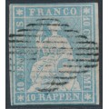 SWITZERLAND - 1857 10Rp blue Helvetia (red thread, very thin paper), used – Zumstein # 23Ea 