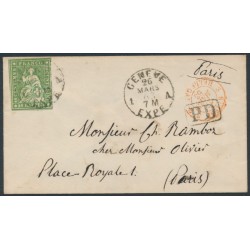 SWITZERLAND - 1860 40Rp green Helvetia, used on cover – Zumstein # 26G