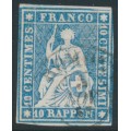 SWITZERLAND - 1858 10Rp blue Helvetia (red thread, late Bern), used – Zumstein # 23Cd