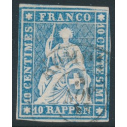 SWITZERLAND - 1858 10Rp blue Helvetia (red thread, late Bern), used – Zumstein # 23Cd SWITZERLAND - 1858 10Rp blue Helvetia (red thread, late Bern), used – Zumstein # 23Cd